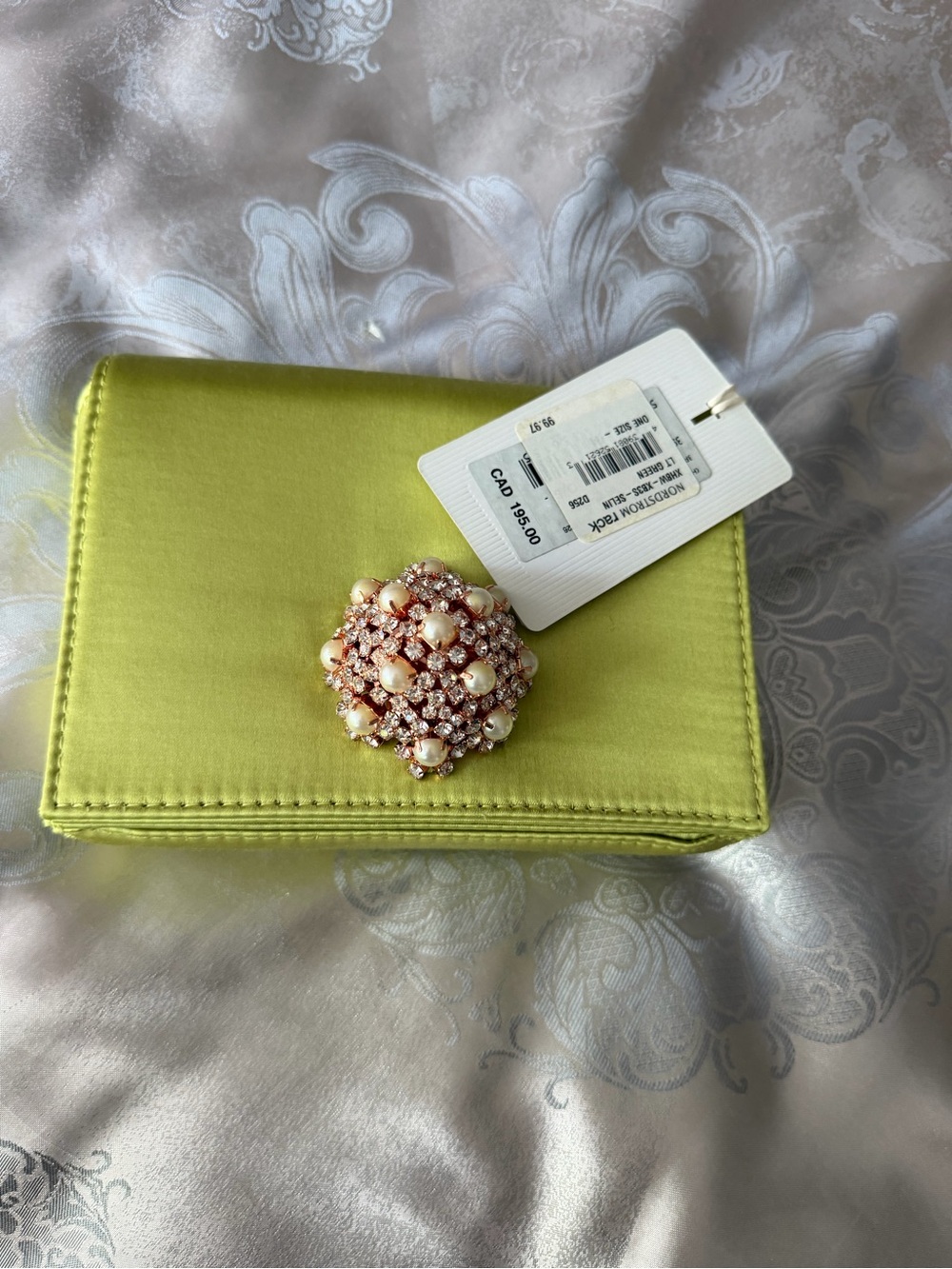 Ted Baker London Lime Green Satin Clutch with Pink Pearl Brooch